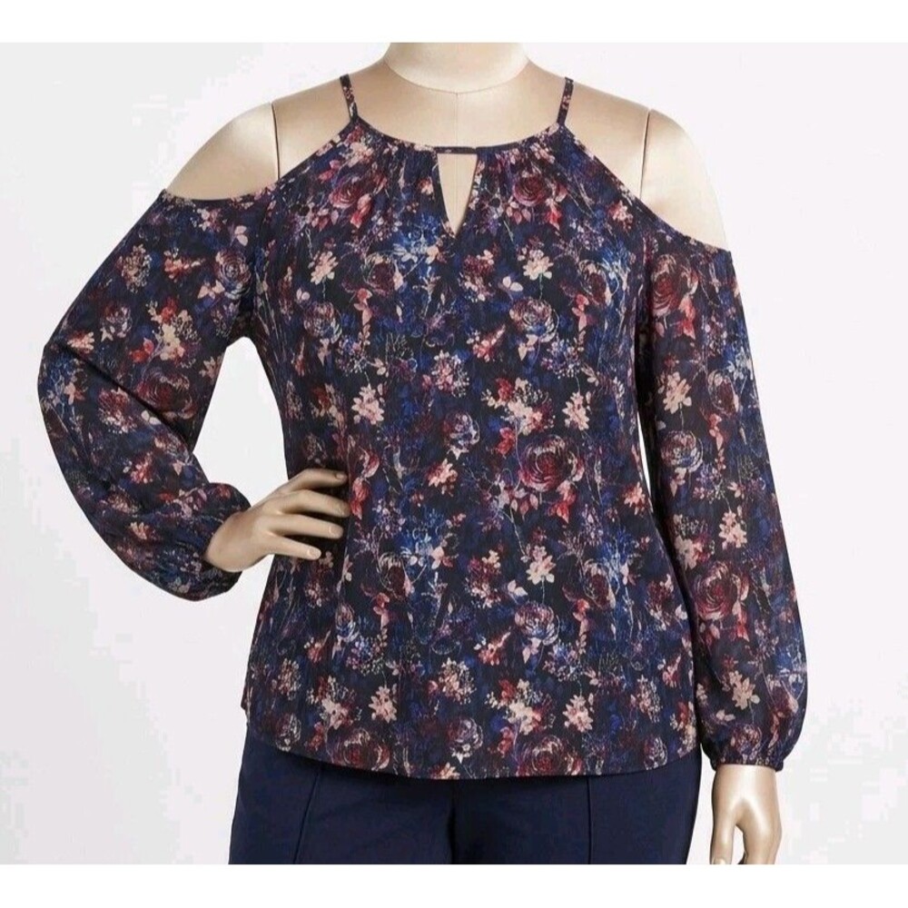 Torrid Top Size 2 Black Floral COLD SHOULDER Babydoll 2X Halter Neck Keyhole